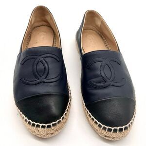 Chanel CC Lambskin Leather Espadrille Flats Cap Toe Navy Blue Black EU37 US6-6.5
